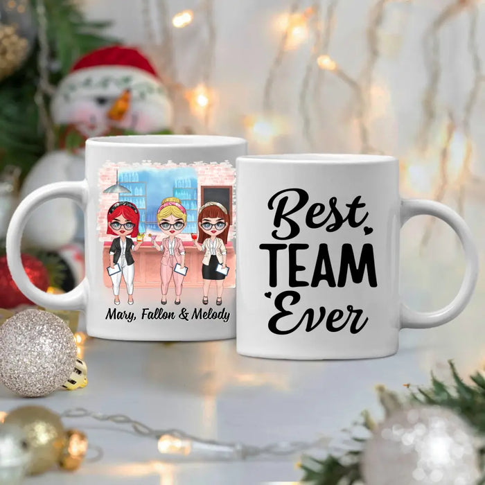 Personalized Mug, Up To 3 Women, Gift For Sisters, Friends, Colleagues, Best Team Ever, Chibi Coworkers At Cocktail Bar