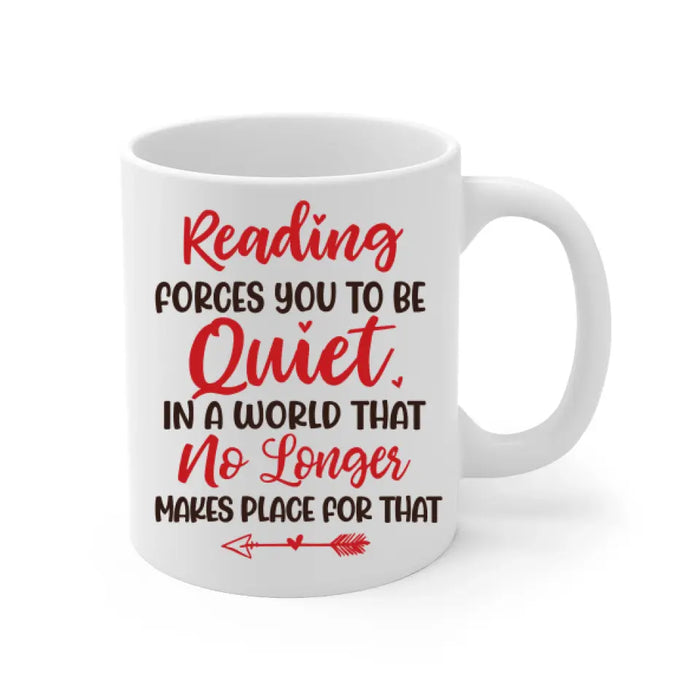 Personalized Mug, Gift For Book Lovers, Chibi Drinking With Books, Reading Forces You To Be Quiet