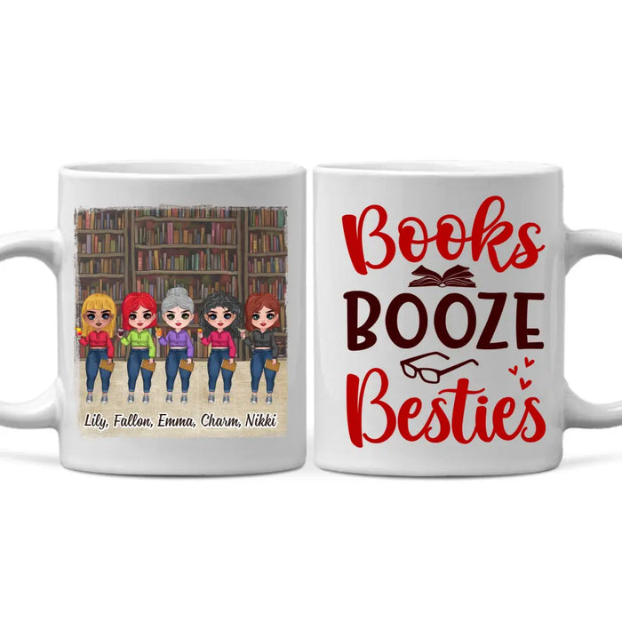 Up To 5 Girls Books Booze Besties - Personalized Mug For Friends, Book