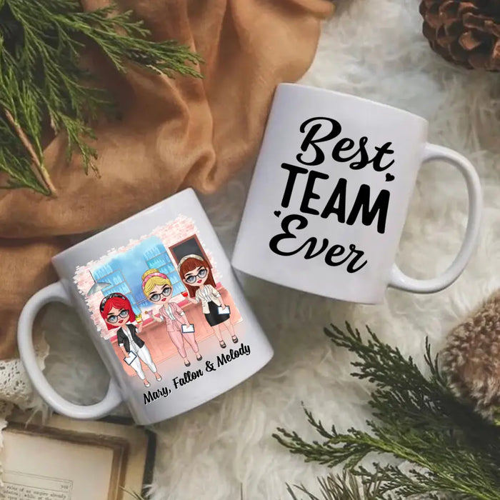 Personalized Mug, Up To 3 Women, Gift For Sisters, Friends, Colleagues, Best Team Ever, Chibi Coworkers At Cocktail Bar