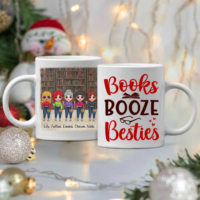 Up To 5 Girls Books Booze Besties - Personalized Mug For Friends, Book