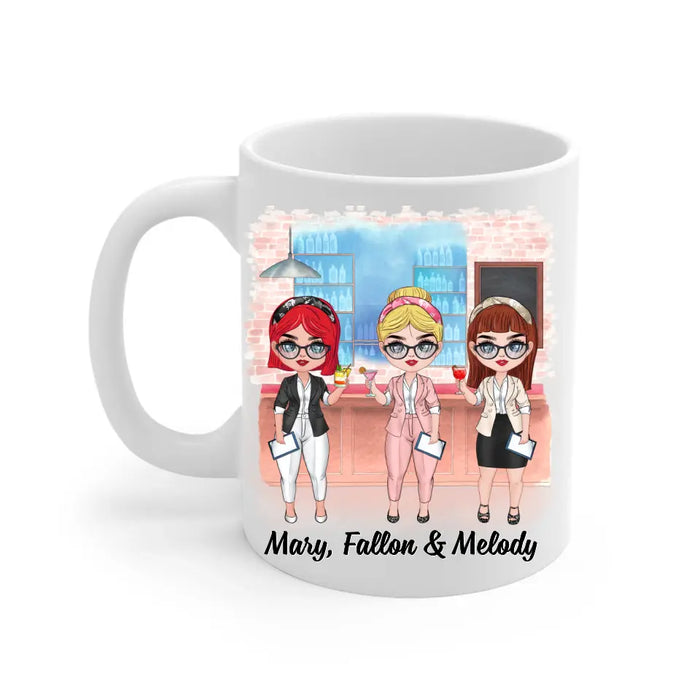 Personalized Mug, Up To 3 Women, Gift For Sisters, Friends, Colleagues, Best Team Ever, Chibi Coworkers At Cocktail Bar