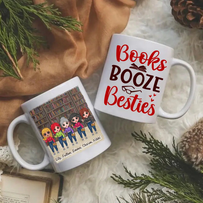 Up To 5 Girls Books Booze Besties - Personalized Mug For Friends, Book