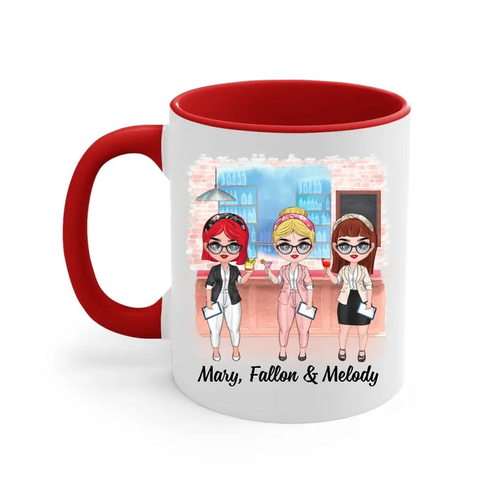 Personalized Mug, Up To 3 Women, Gift For Sisters, Friends, Colleagues, Best Team Ever, Chibi Coworkers At Cocktail Bar