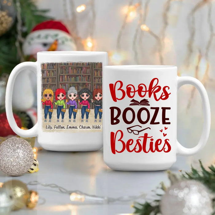 Up To 5 Girls Books Booze Besties - Personalized Mug For Friends, Book