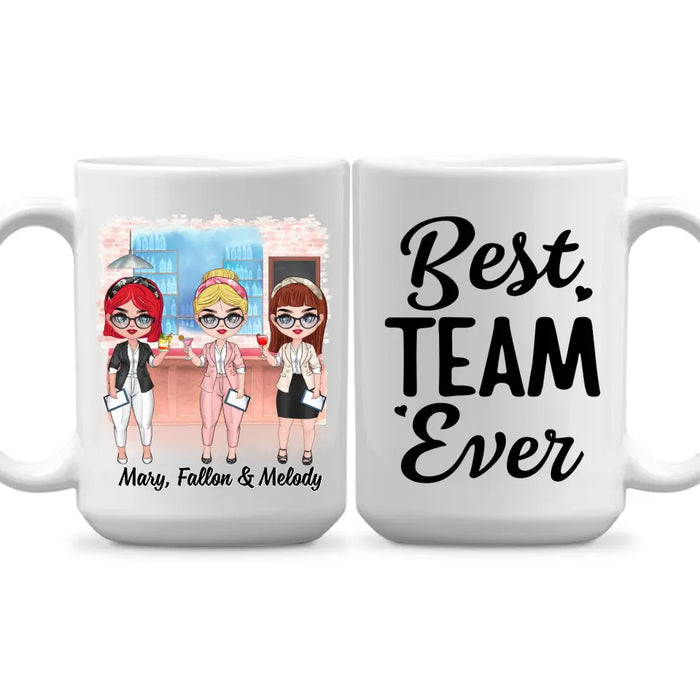 Personalized Mug, Up To 3 Women, Gift For Sisters, Friends, Colleagues, Best Team Ever, Chibi Coworkers At Cocktail Bar