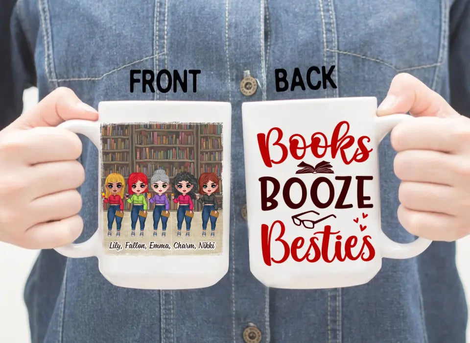 Up To 5 Girls Books Booze Besties - Personalized Mug For Friends, Book