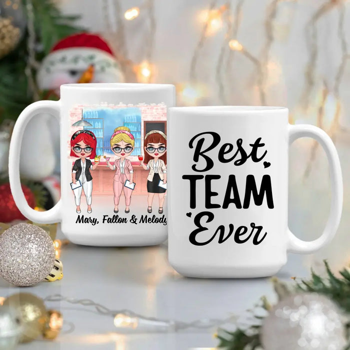 Personalized Mug, Up To 3 Women, Gift For Sisters, Friends, Colleagues, Best Team Ever, Chibi Coworkers At Cocktail Bar