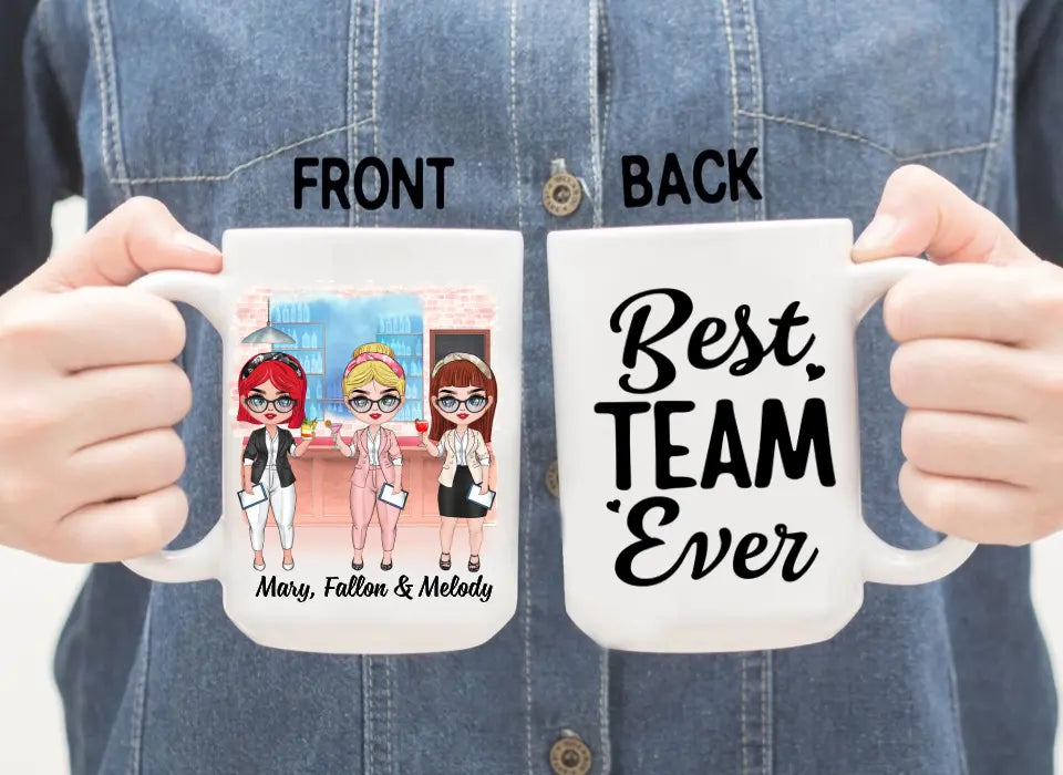 Personalized Mug, Up To 3 Women, Gift For Sisters, Friends, Colleagues, Best Team Ever, Chibi Coworkers At Cocktail Bar