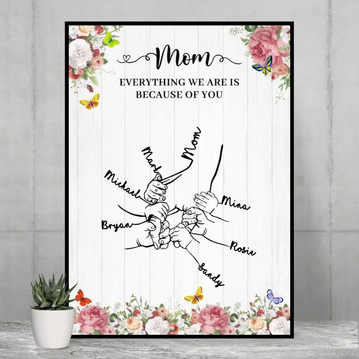 Mom Everything You Are Is Because Of You - Personalized Gifts Custom Holding Mom's Hand Poster for Mother, Mother's Day Gift