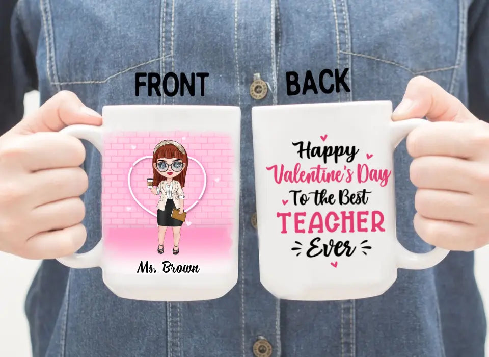 Up To 3 Chibi Happy Valentine's Day To The Best Teacher - Personalized Mug For Teachers