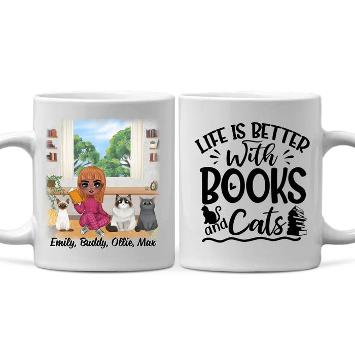 Up To 3 Cats Life Is Better With Books And Cats - Personalized Mug For Her, Cat Mom, Book