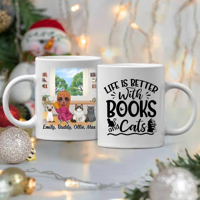 Up To 3 Cats Life Is Better With Books And Cats - Personalized Mug For Her, Cat Mom, Book