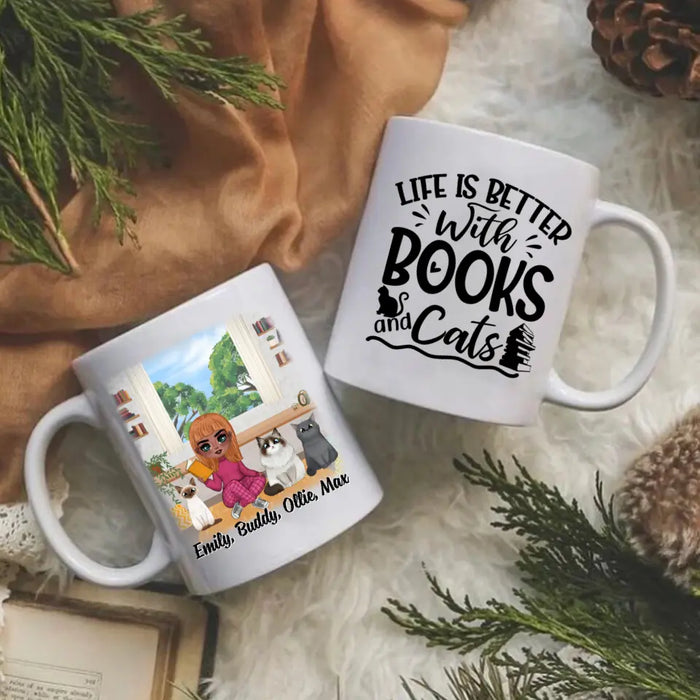 Up To 3 Cats Life Is Better With Books And Cats - Personalized Mug For Her, Cat Mom, Book