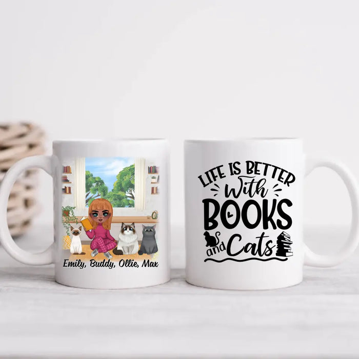 Up To 3 Cats Life Is Better With Books And Cats - Personalized Mug For Her, Cat Mom, Book