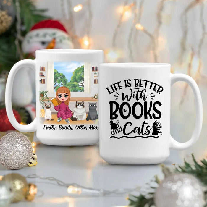 Up To 3 Cats Life Is Better With Books And Cats - Personalized Mug For Her, Cat Mom, Book