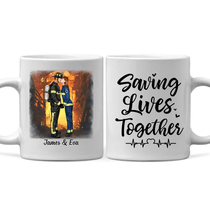 Saving Lives Kissing Couple - Personalized Mug Firefighter, EMS, Nurse, Police Officer, Military