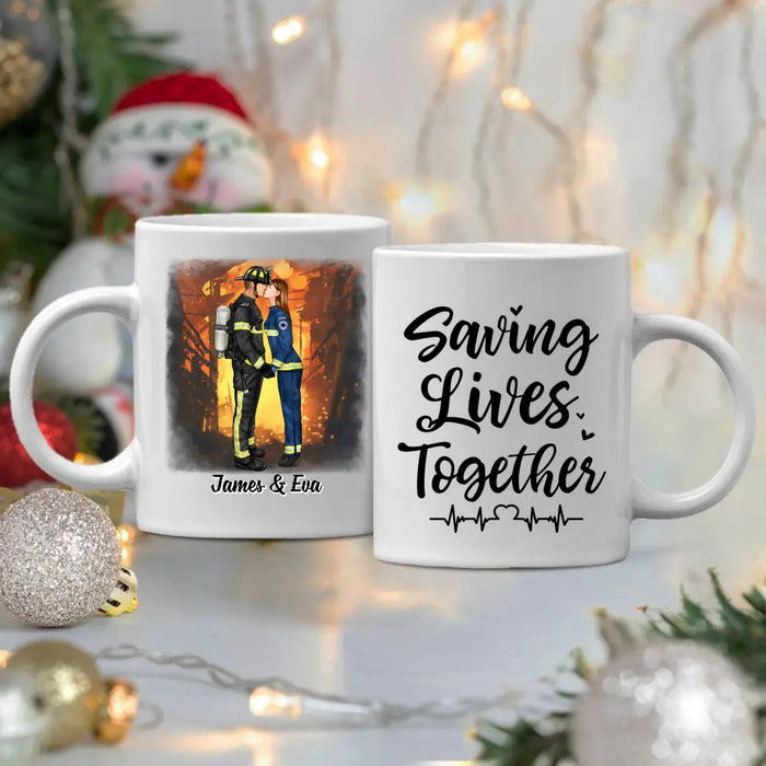 Saving Lives Kissing Couple - Personalized Mug Firefighter, EMS, Nurse, Police Officer, Military