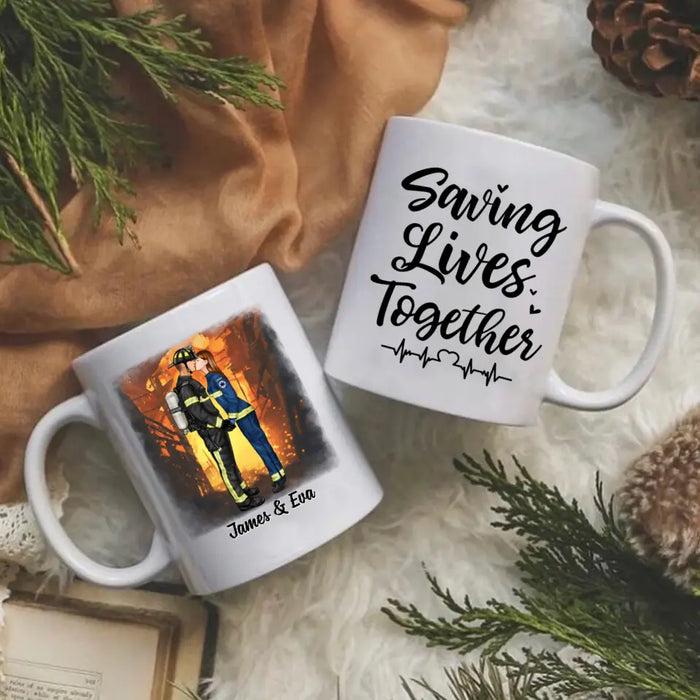 Saving Lives Kissing Couple - Personalized Mug Firefighter, EMS, Nurse, Police Officer, Military