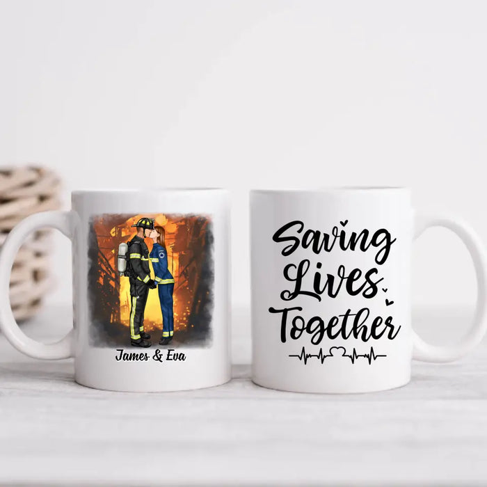 Saving Lives Kissing Couple - Personalized Mug Firefighter, EMS, Nurse, Police Officer, Military