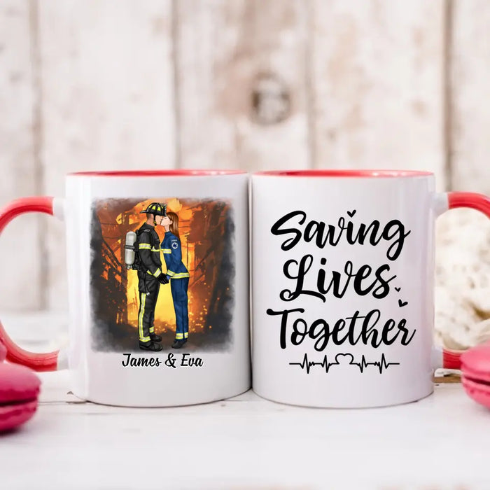 Saving Lives Kissing Couple - Personalized Mug Firefighter, EMS, Nurse, Police Officer, Military