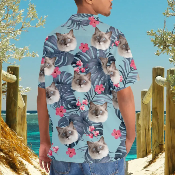 Custom Face Photo Upload Hawaiian Shirt, Hawaiian Shirt for Men, Tropical Flower Pink Hibiscus Monstera Leaves Cat Hawaiian Shirt