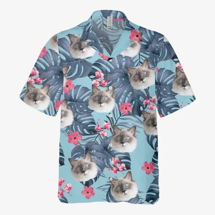 Custom Face Photo Upload Hawaiian Shirt, Hawaiian Shirt for Men, Tropical Flower Pink Hibiscus Monstera Leaves Cat Hawaiian Shirt