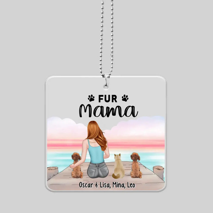 Personalized Fur Mama Car Ornament, Custom Woman Sitting With Her Pet Car Hanger For Dog Cat Lovers