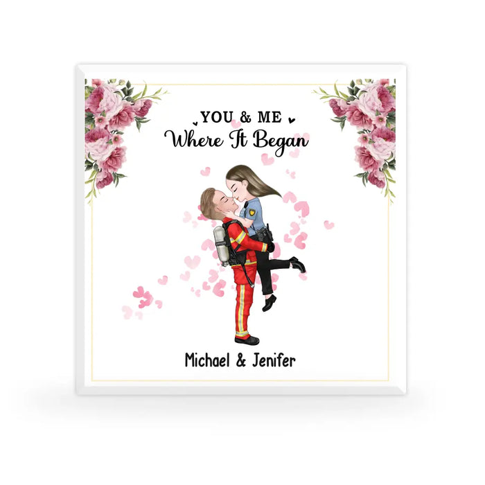 You And Me Where It Began - Personalized Acrylic Plaque, Gift for Couples, Custom Couple Hugging Acrylic Plaque