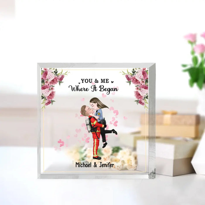 You And Me Where It Began - Personalized Acrylic Plaque, Gift for Couples, Custom Couple Hugging Acrylic Plaque