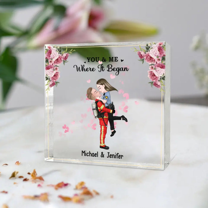 You And Me Where It Began - Personalized Acrylic Plaque, Gift for Couples, Custom Couple Hugging Acrylic Plaque