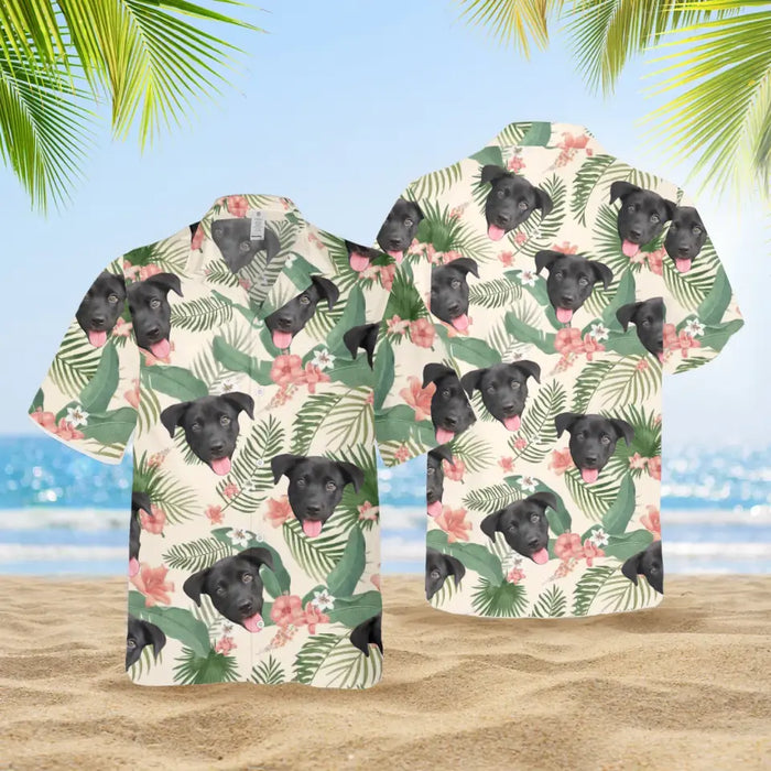 Custom Face Photo Upload Hawaiian Shirt, Hawaiian Shirt for Men, Tropical Pink Hibiscus Palm Leaves Dog Hawaiian Shirt