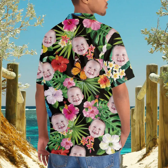 Personalized Hawaiian Shirt with Face, Custom Face Hawaiian Shirt for Man Woman, Custom Tropical Hibiscus Flower Butterfly Unisex Hawaiian Shirt