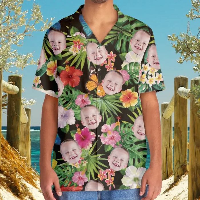 Personalized Hawaiian Shirt with Face, Custom Face Hawaiian Shirt for Man Woman, Custom Tropical Hibiscus Flower Butterfly Unisex Hawaiian Shirt