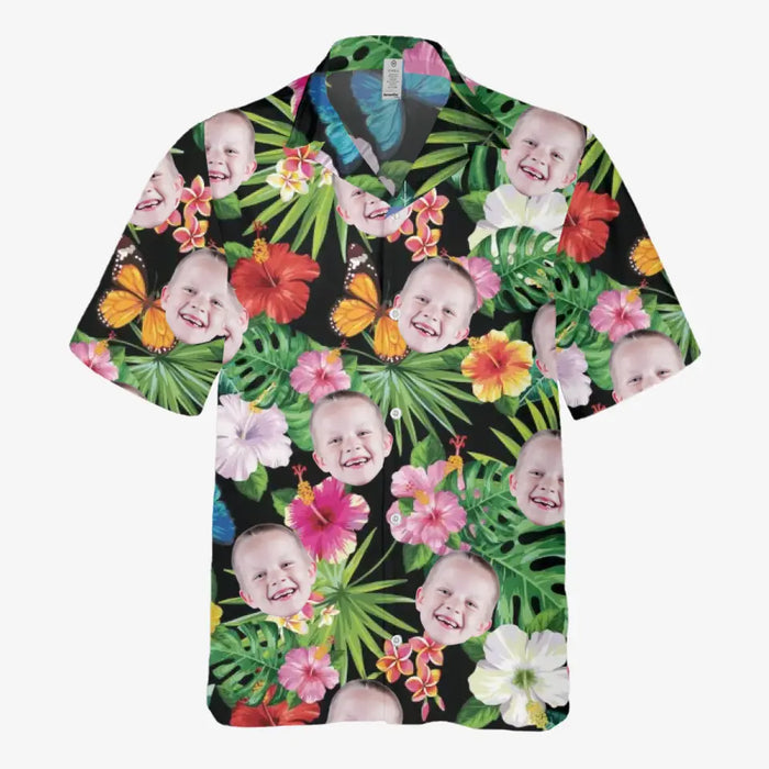 Personalized Hawaiian Shirt with Face, Custom Face Hawaiian Shirt for Man Woman, Custom Tropical Hibiscus Flower Butterfly Unisex Hawaiian Shirt