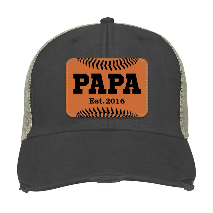 Personalized Baseball Papa Est Hat, Baseball Papa Est Hat, Gift for Dad Hat, Baseball Dad Leather Patch Hat, Baseball Dad Distressed Hat