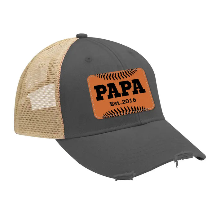 Personalized Baseball Papa Est Hat, Baseball Papa Est Hat, Gift for Dad Hat, Baseball Dad Leather Patch Hat, Baseball Dad Distressed Hat