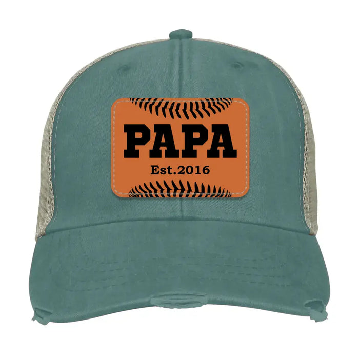 Personalized Baseball Papa Est Hat, Baseball Papa Est Hat, Gift for Dad Hat, Baseball Dad Leather Patch Hat, Baseball Dad Distressed Hat