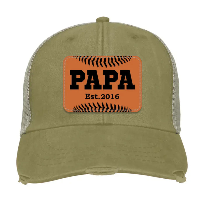 Personalized Baseball Papa Est Hat, Baseball Papa Est Hat, Gift for Dad Hat, Baseball Dad Leather Patch Hat, Baseball Dad Distressed Hat