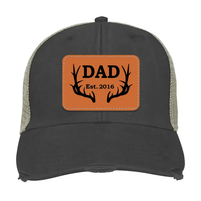 Personalized Hunting Dad Est Hat, Hunting Dad Est Hat, Gift for Dad Hat, Hunting Dad Leather Patch Hat, Hunting Dad Distressed Hat