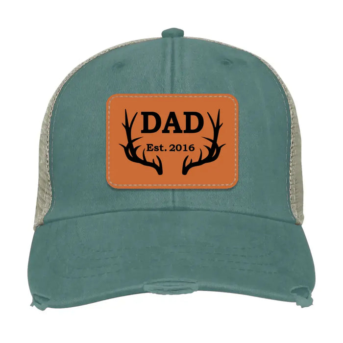 Personalized Hunting Dad Est Hat, Hunting Dad Est Hat, Gift for Dad Hat, Hunting Dad Leather Patch Hat, Hunting Dad Distressed Hat