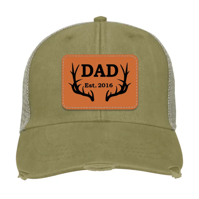 Personalized Hunting Dad Est Hat, Hunting Dad Est Hat, Gift for Dad Hat, Hunting Dad Leather Patch Hat, Hunting Dad Distressed Hat