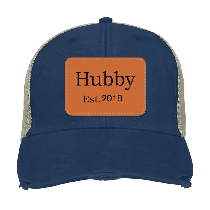 Personalized Hubby Est Hat, Hubby Est Hat, Gift for Dad Hat, Hubby Leather Patch Hat, Hubby Distressed Hat