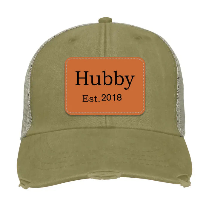 Personalized Hubby Est Hat, Hubby Est Hat, Gift for Dad Hat, Hubby Leather Patch Hat, Hubby Distressed Hat