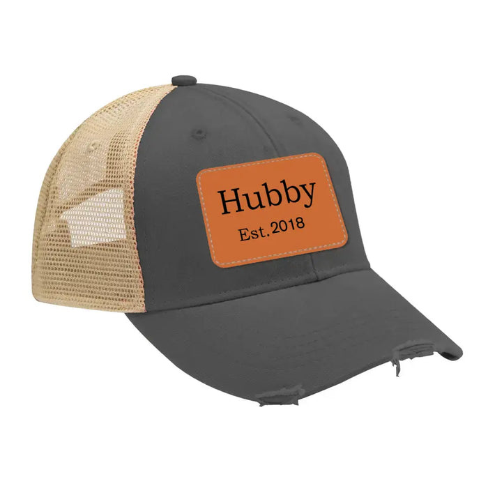 Personalized Hubby Est Hat, Hubby Est Hat, Gift for Dad Hat, Hubby Leather Patch Hat, Hubby Distressed Hat