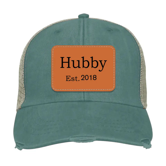 Personalized Hubby Est Hat, Hubby Est Hat, Gift for Dad Hat, Hubby Leather Patch Hat, Hubby Distressed Hat