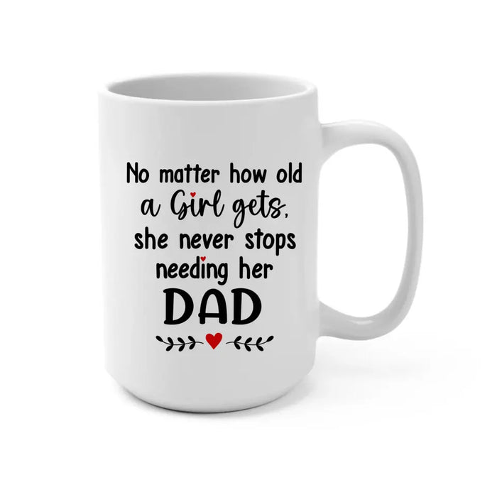 No Matter How Old A Girl Gets She Never Stops Needing Her Dad - Personalized Father and Daughters Mug, Gif For Dad, Father's Day Gift