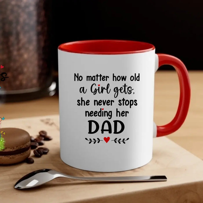 No Matter How Old A Girl Gets She Never Stops Needing Her Dad - Personalized Father and Daughters Mug, Gif For Dad, Father's Day Gift