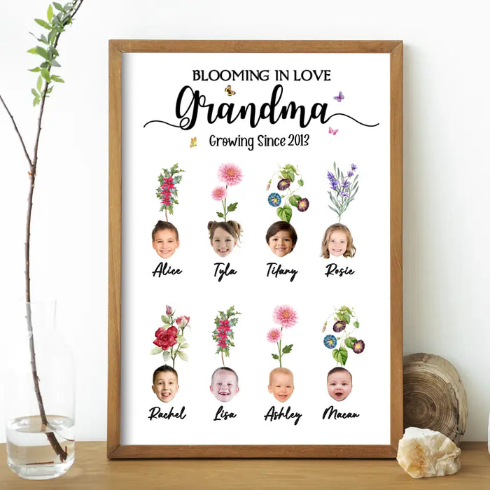 Personalized Blooming In Love Grandma Growing Since Upload Face Photo Poster, Custom Gifts for Mother, Grandma, Birth Month Flower Poster