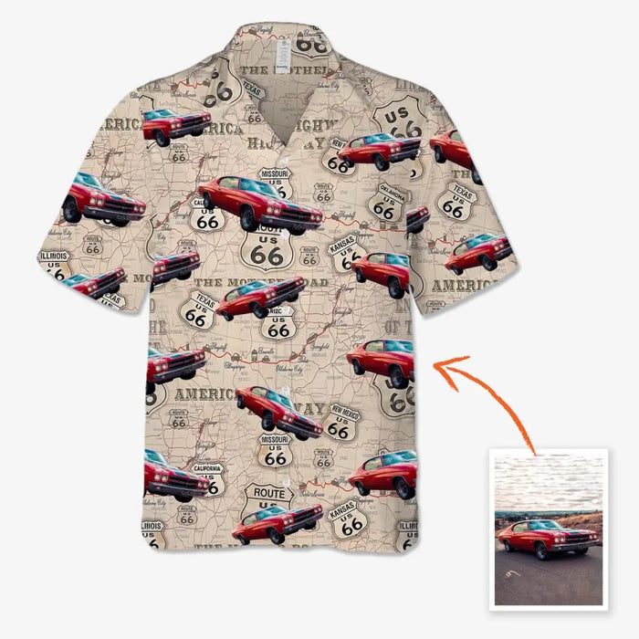 Upload Car Photo Hawaiian Shirt, Personalized Photo Upload Car Men's Hawaiian Shirt, Custom Hawaiian Shirt, US Route 66 Hawaiian Shirt